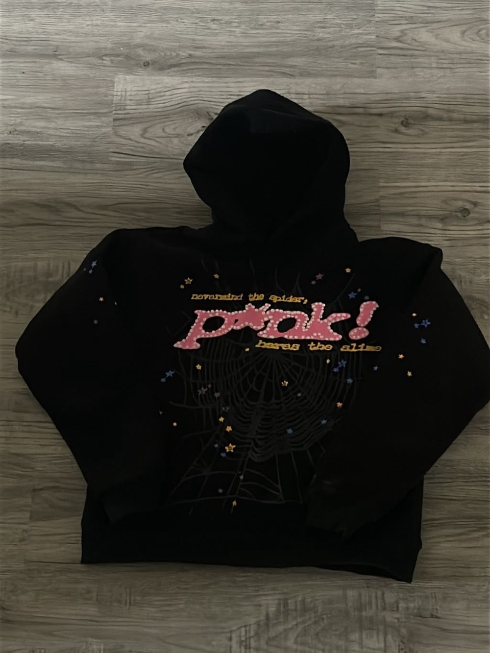 Black Graphic Hoodie with Pink 'Pink!' Logo